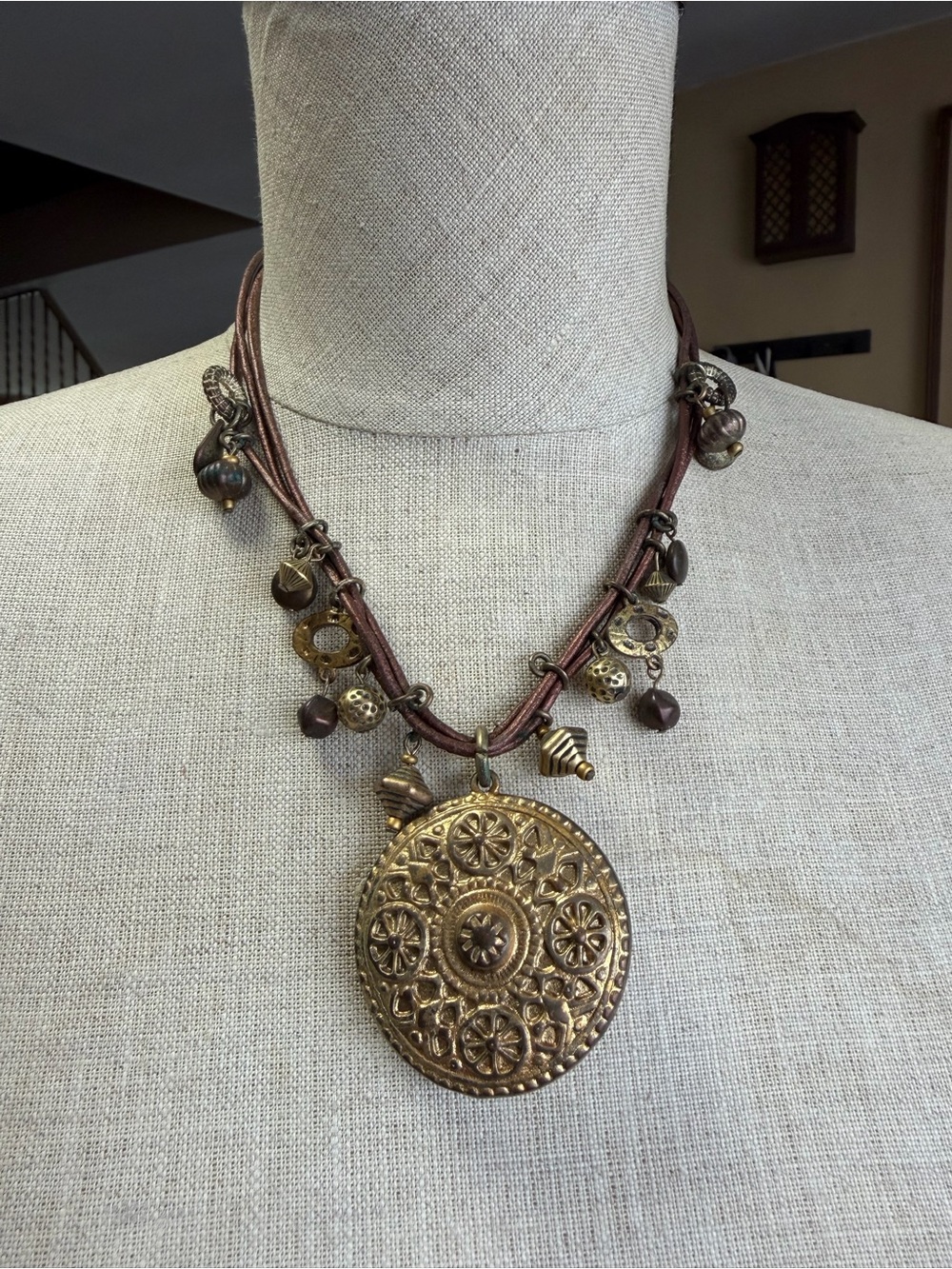 Vintage Coldwater Creek Boho Statement Medallion Leather Necklace
